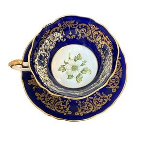 Paragon Teacup and Saucer Set Gold Blue Flower Dogwood 1958 Centennial